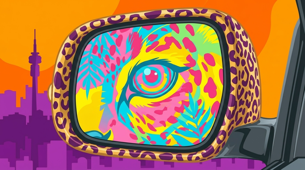 Colourful pop-art illustration of a leopard-print car mirror reflecting a vivid stylised eye, with the Johannesburg skyline and prominent Hillbrow Tower in silhouette — Kraft HQ creative marketing agency South Africa